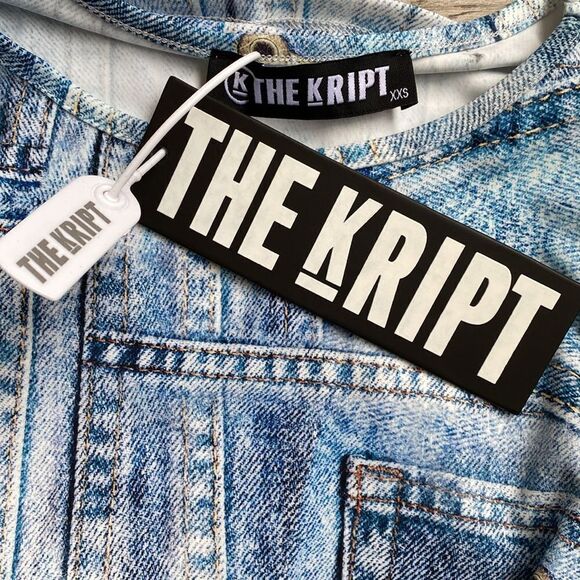 The Kript Sully Semi Sheer Mesh Denim Print Long Sleeve Fitted Crop Top - Picture 5 of 6